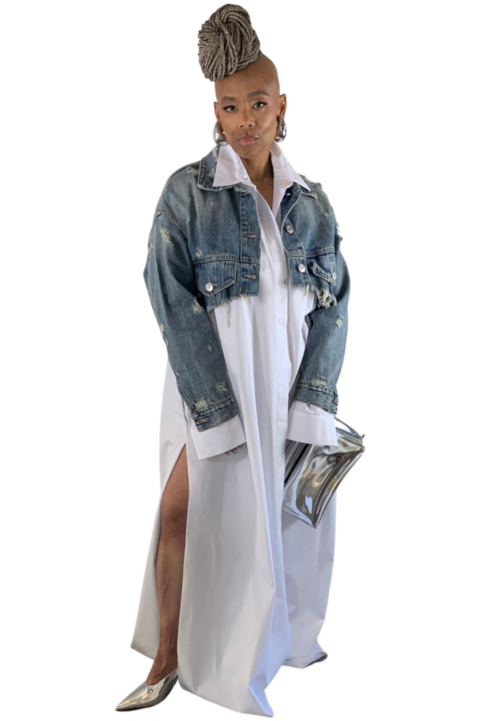 777styles-shirt dress Sunday brunch, silver Jacquemus bag, silver mule shoes and Zara Jean Jacket